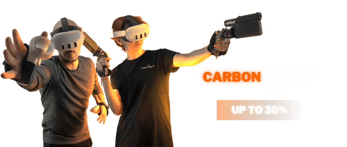 a man holding meta quest 3s controllers with sleeves and a girl holding two provolver haptic pistol for virtual reality fps